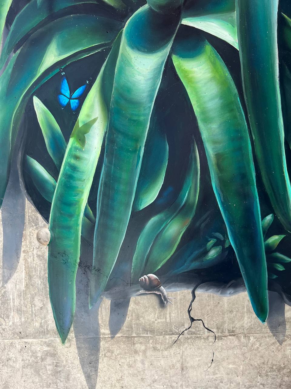 Detailed view of airbrushed tropical leaves with blue butterfly and snail showing photorealistic depth