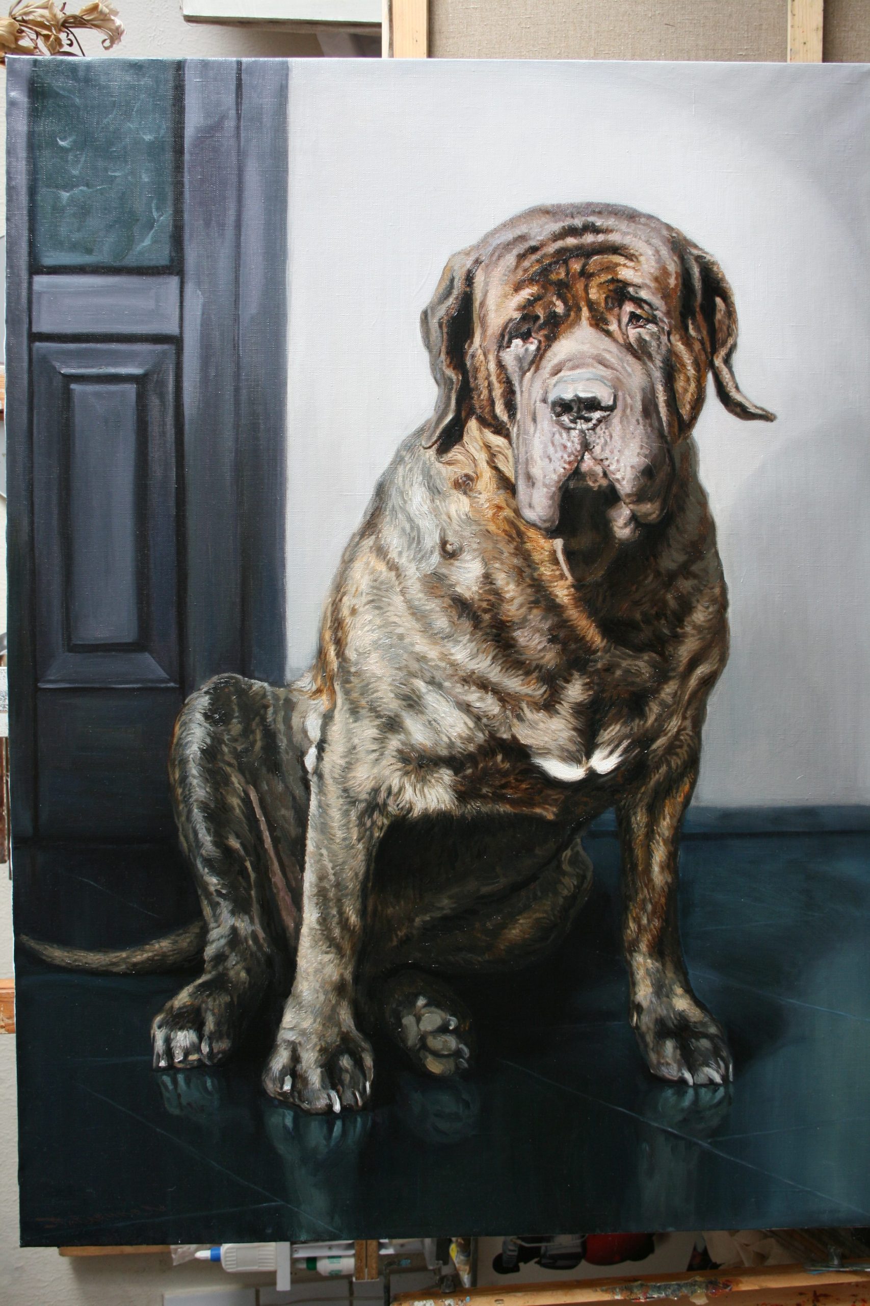 Custom oil painting portrait of brindle mastiff dog on canvas with classical interior background