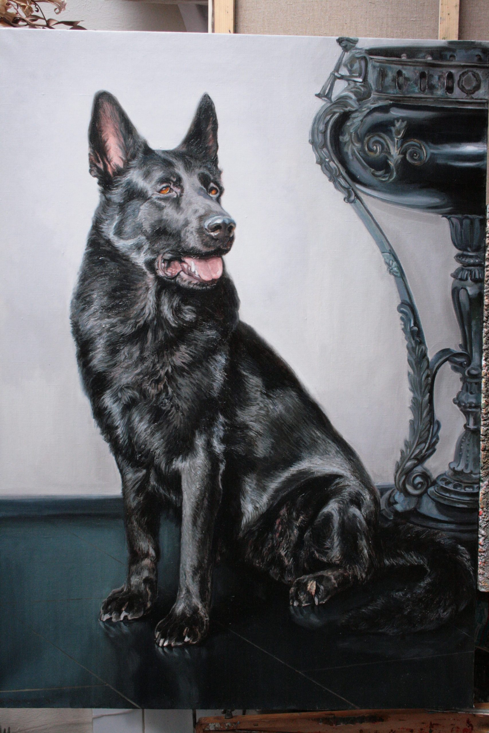 Full canvas view of black German Shepherd custom pet portrait with ornate classical composition
