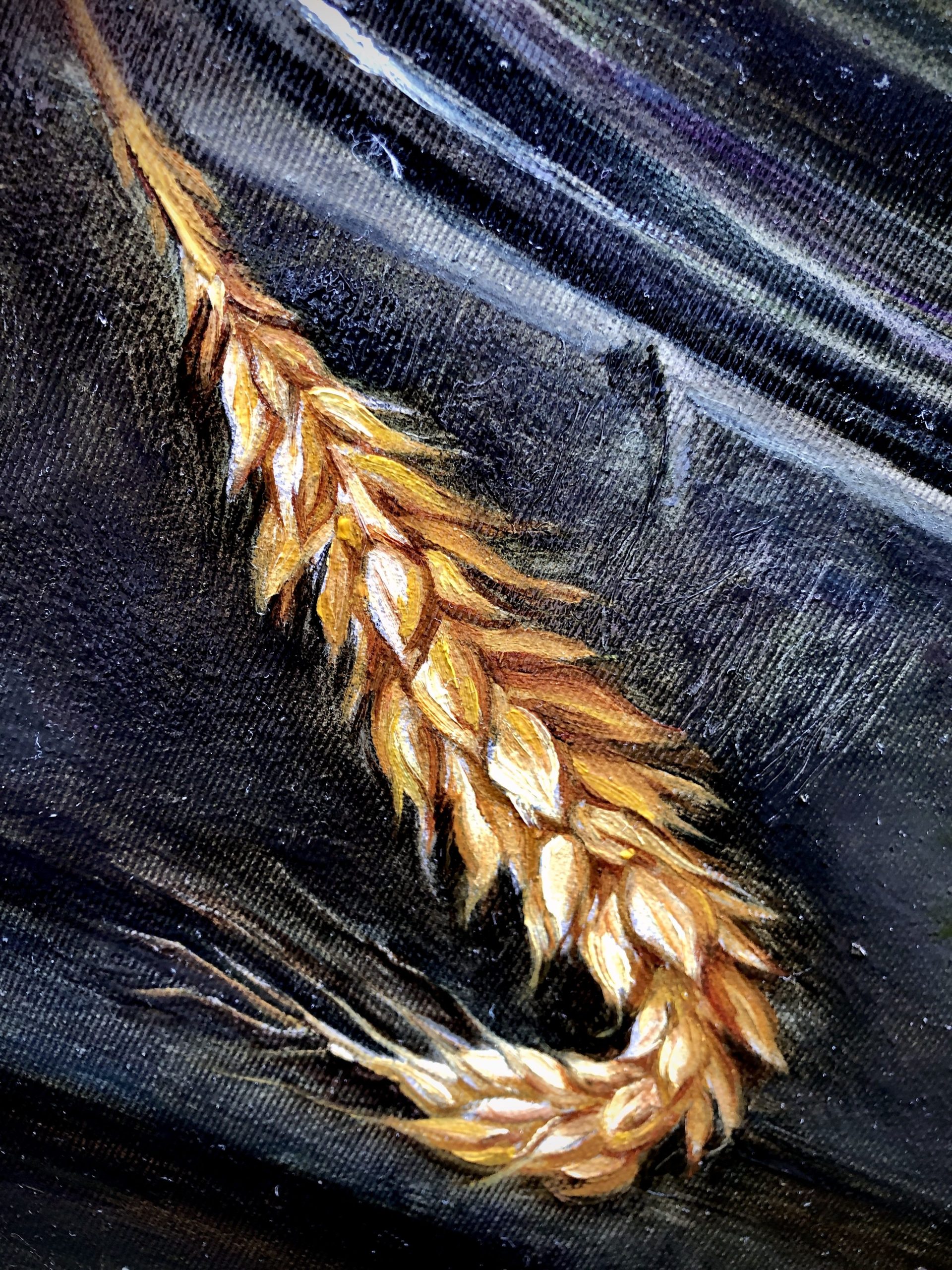 Macro detail of hand-painted wheat stalk showing oil painting technique and brushwork texture