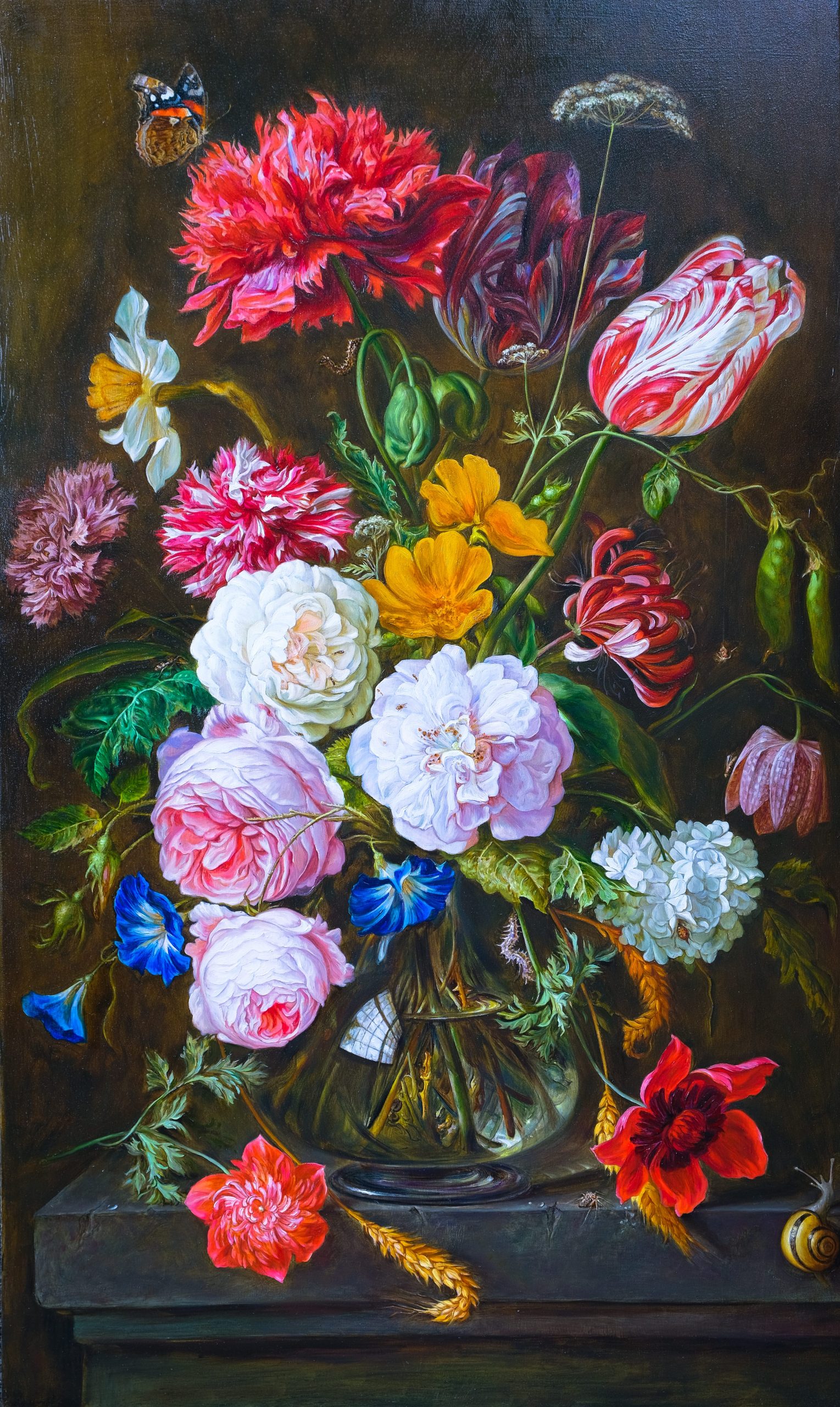 High-resolution Old Masters style floral oil painting reproduction on canvas with dark background