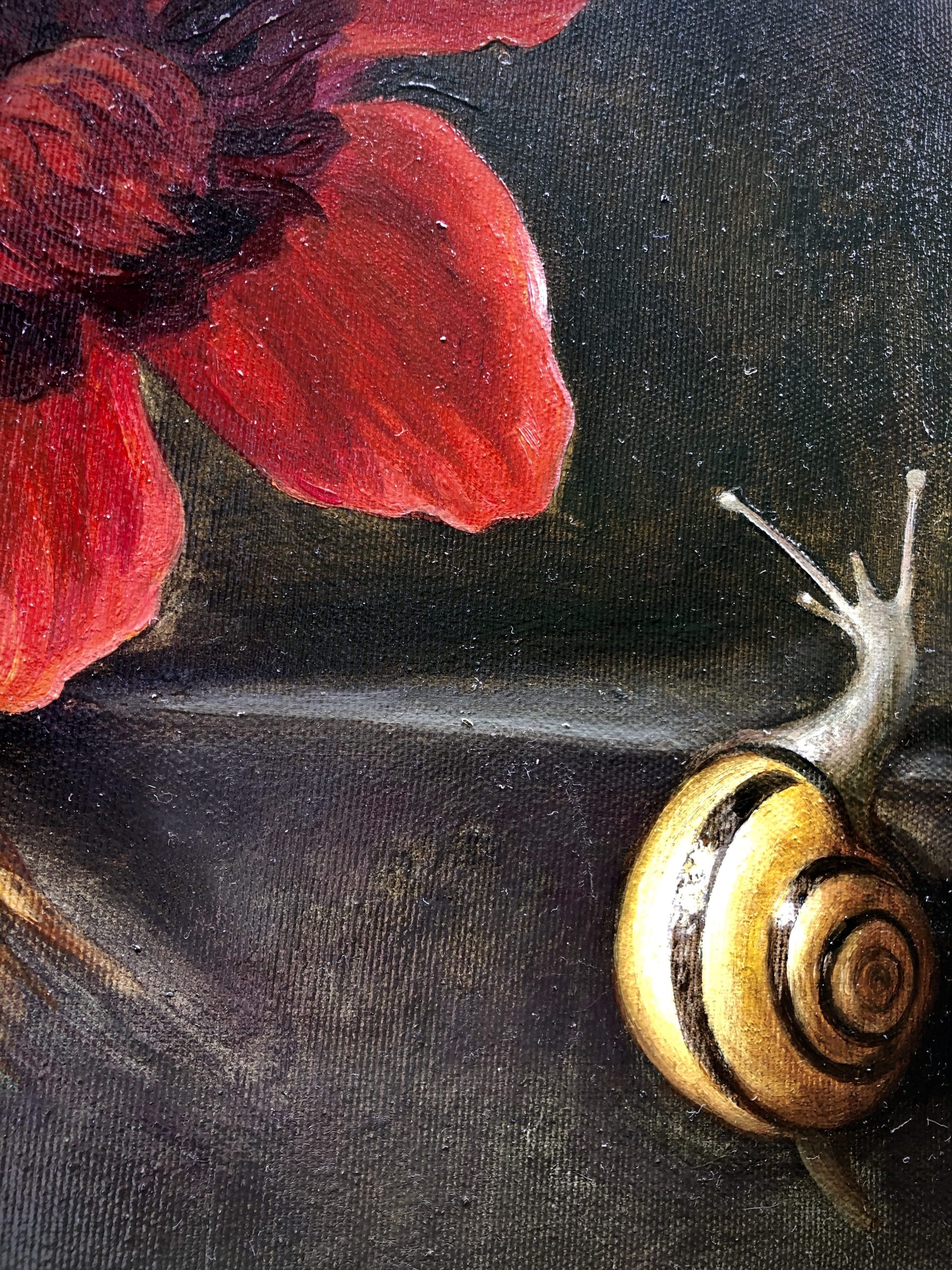 Close-up detail of red poppy flower and decorative snail in classical still life oil painting