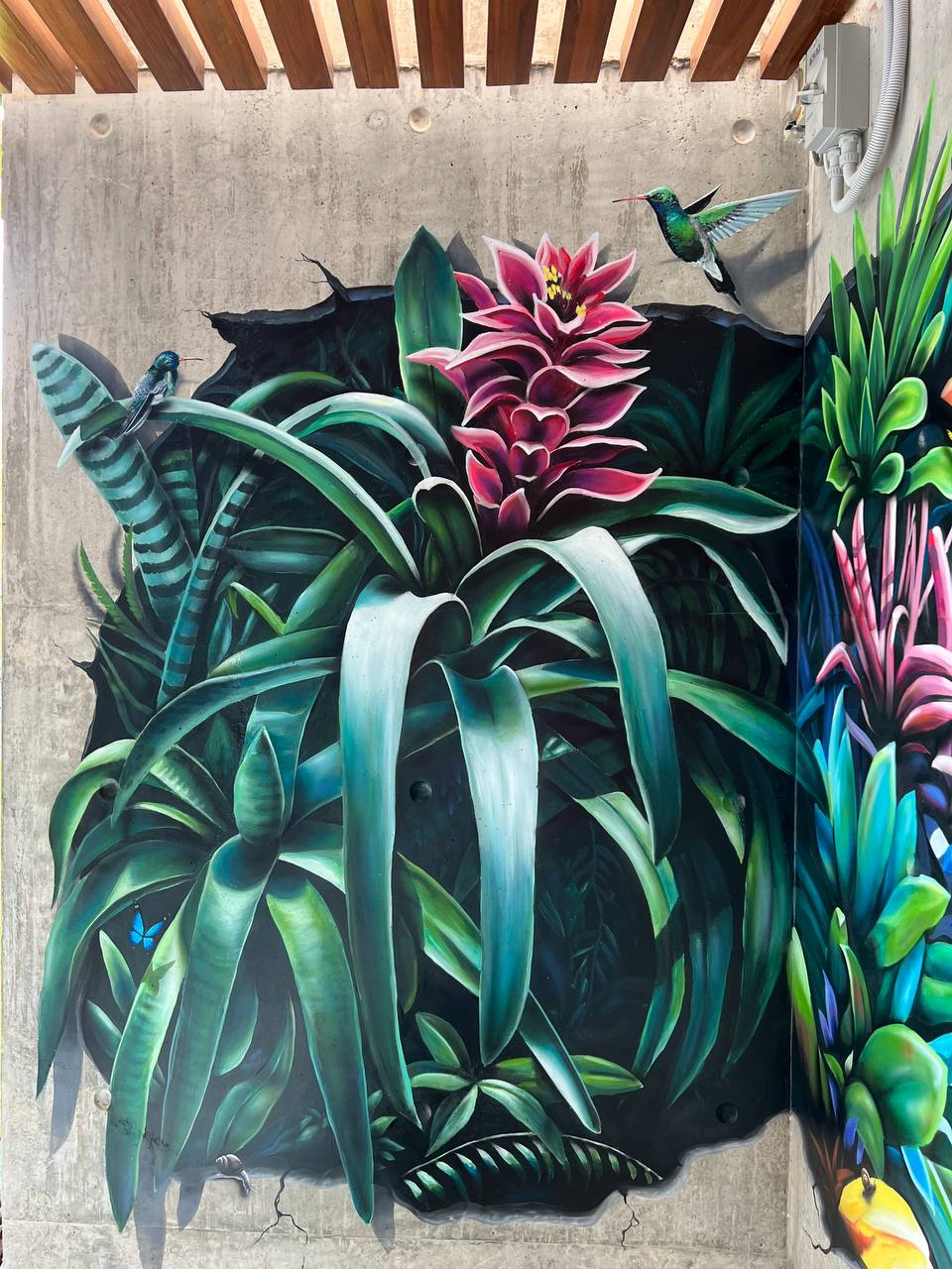 Detailed view of airbrushed tropical mural showing pink bromeliad, monstera leaves and exotic foliage