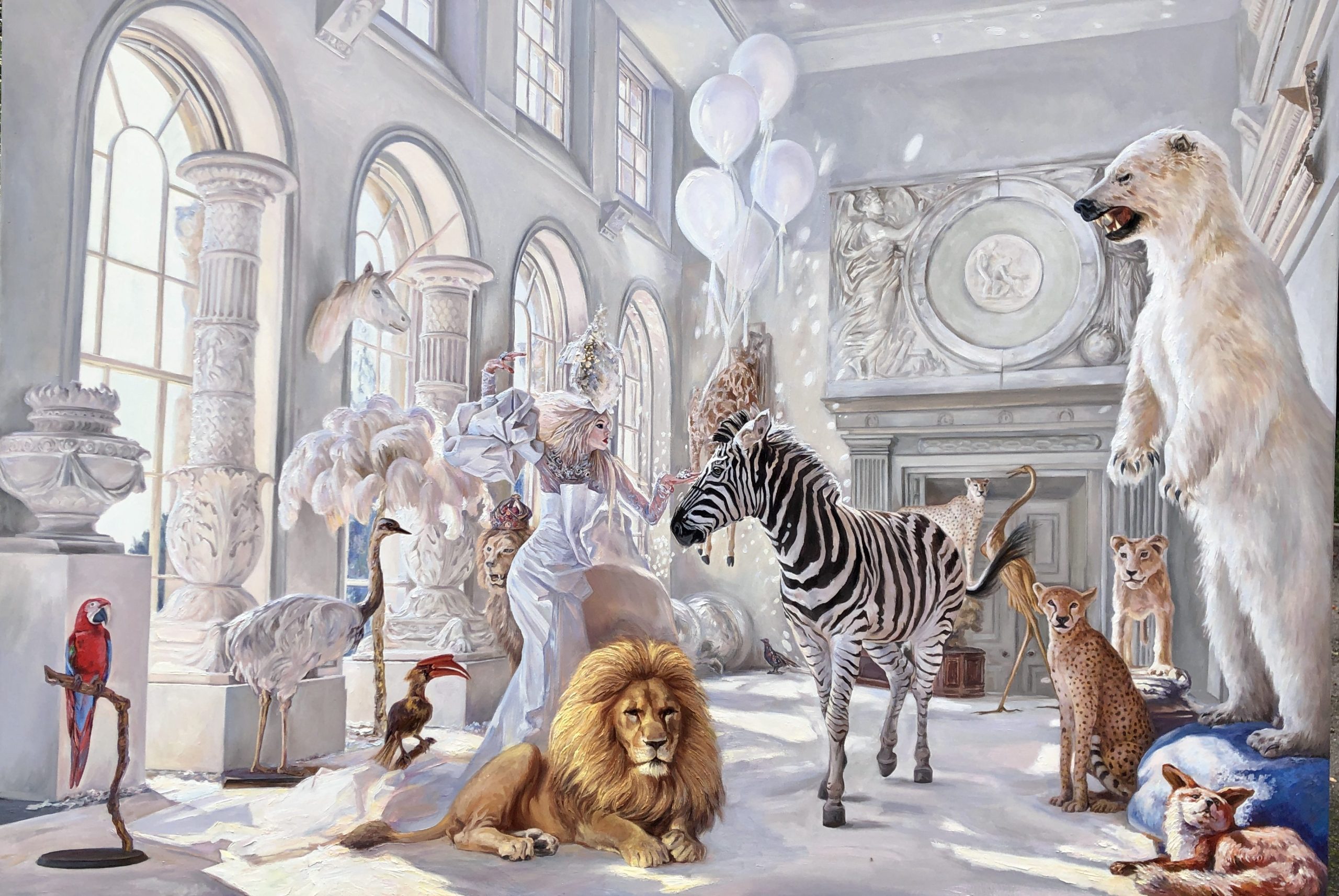 Full view of custom oil commission canvas featuring family allegory with lion, woman, polar bear and exotic animals in baroque palace interior