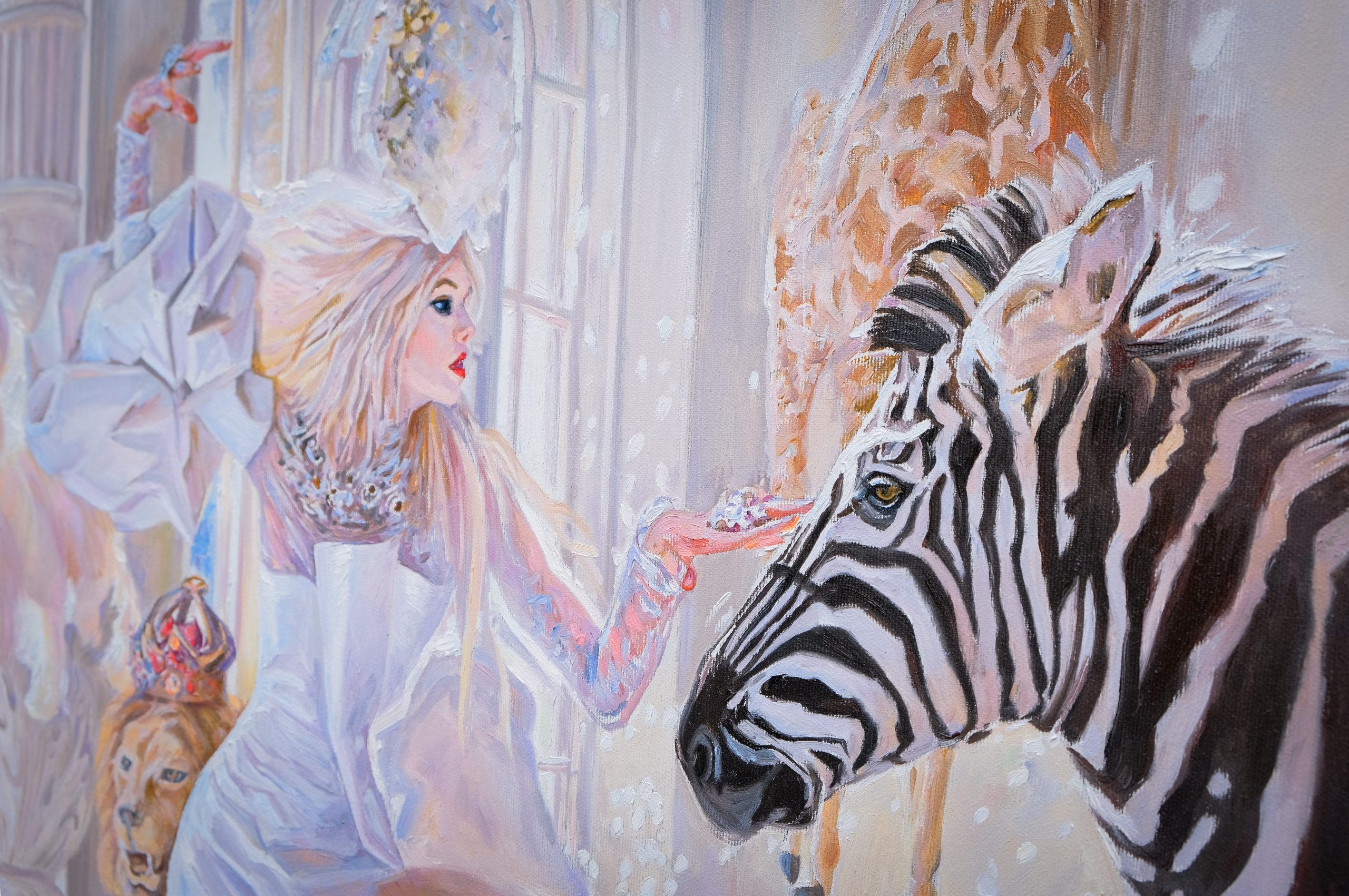 Close-up detail of custom oil painting showing elegant woman with zebra in classical palace setting