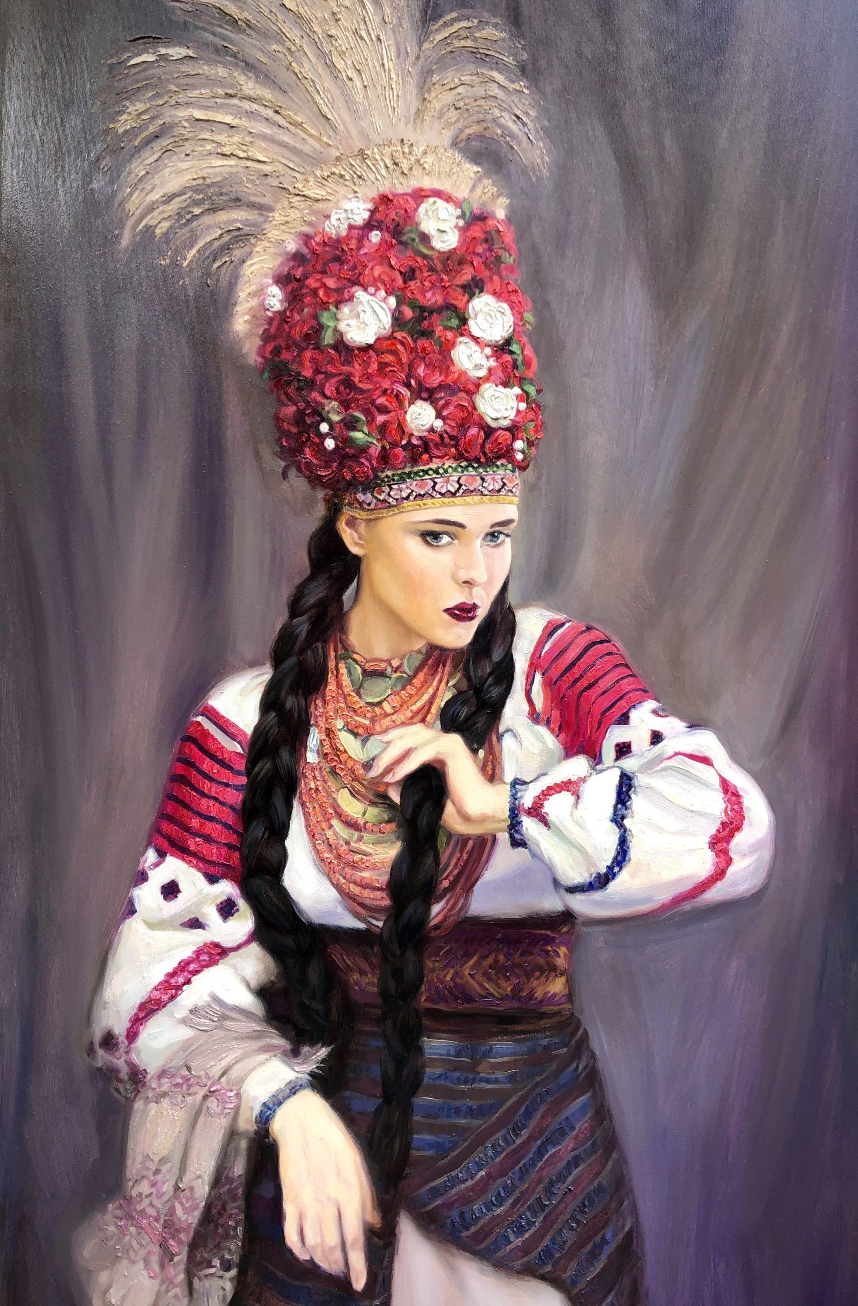 Upper body detail of large-scale oil portrait on canvas featuring woman in traditional costume with voluminous red and white floral crown, golden plume feathers, and characteristic red-striped embroidered sleeves