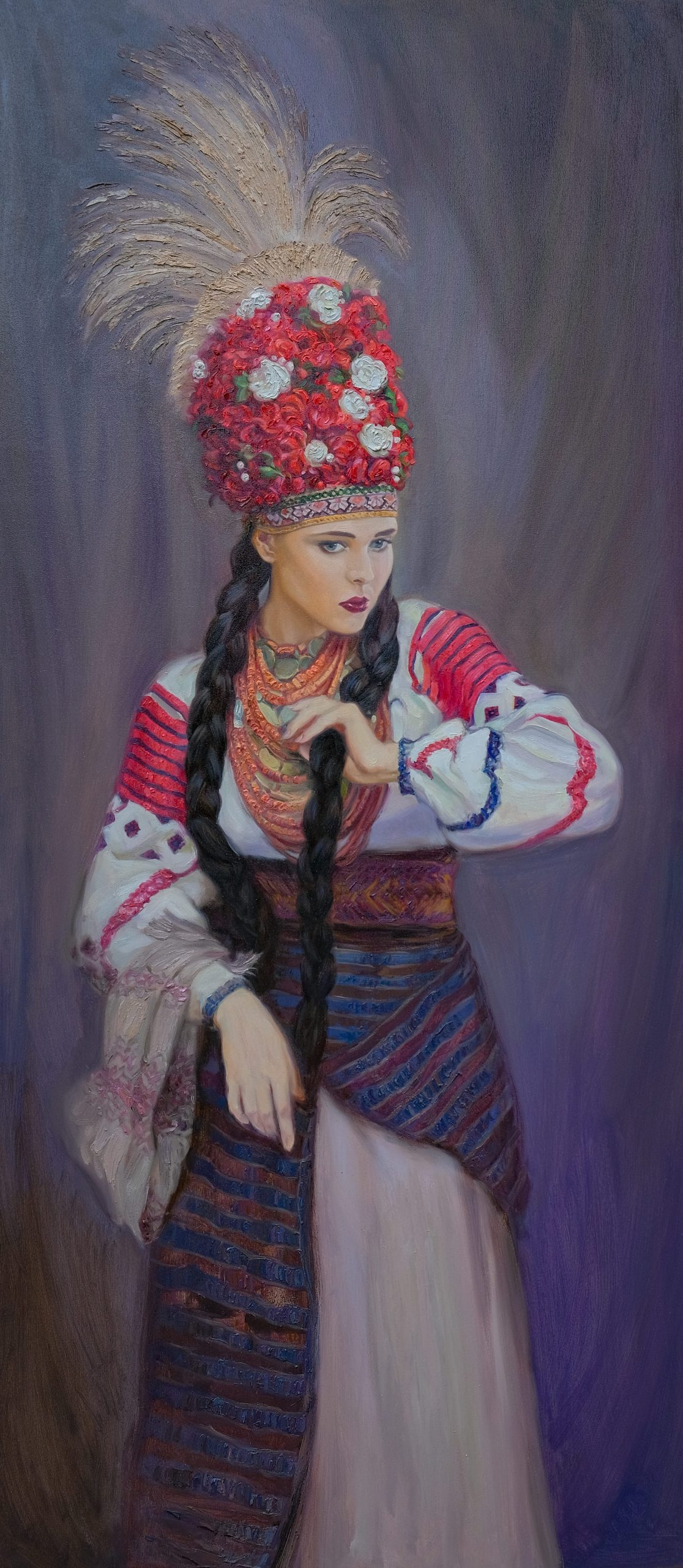 Full-length 2-metre oil painting on canvas depicting woman in traditional white embroidered shirt, woven skirt, coral necklaces, and elaborate red floral headdress with golden plumes against soft purple background