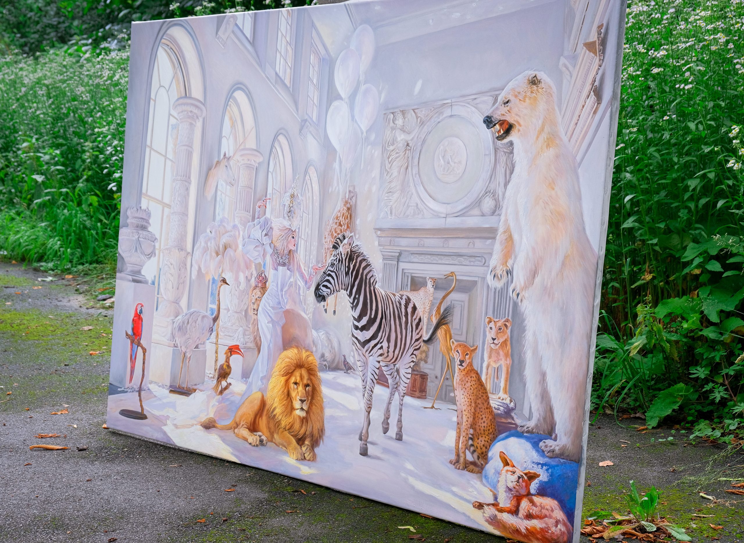 Large-scale custom oil painting canvas displayed outdoors showing full palace scene with lion, zebra, polar bear and exotic animals